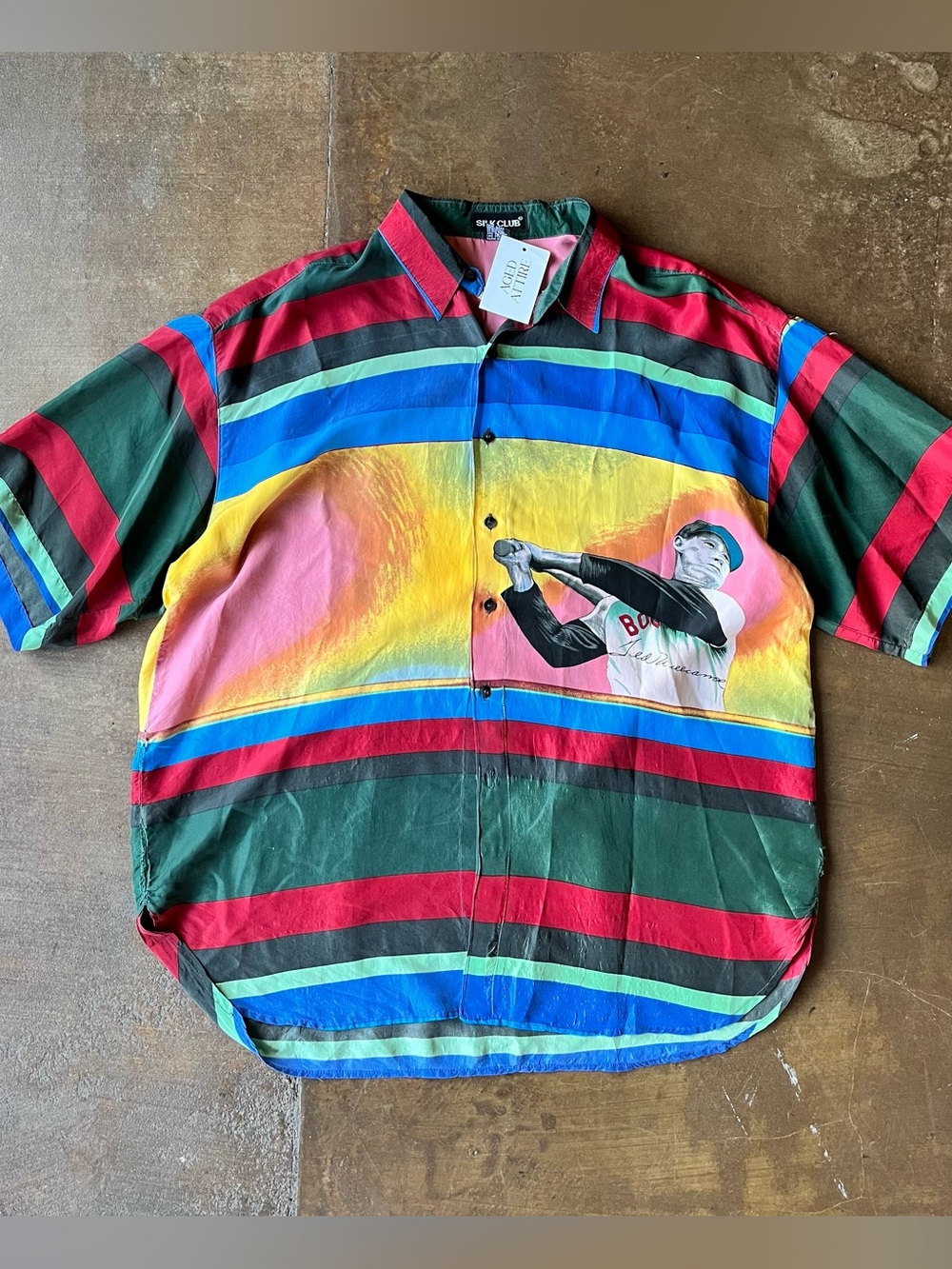 Silk Club Vintage 90s Ted Williams Baseball Colorful Print Button Down Top XL